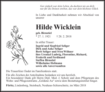 Traueranzeige von Hilde Wicklein von Südthüringer Presse