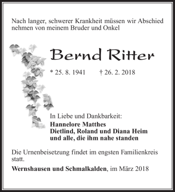 Traueranzeige von Bernd Ritter von Südthüringer Presse