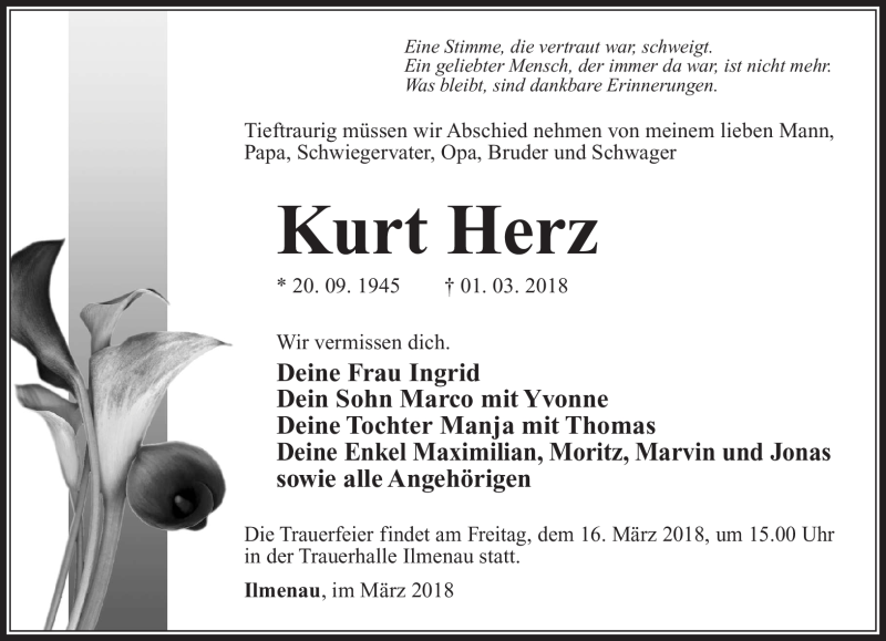  Traueranzeige für Kurt Herz vom 10.03.2018 aus Südthüringer Presse