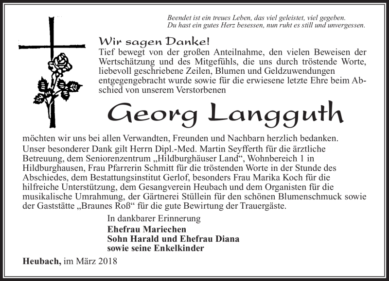  Traueranzeige für Georg Langguth vom 10.03.2018 aus Südthüringer Presse