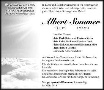 Traueranzeige von Albert Sommer von Südthüringer Presse
