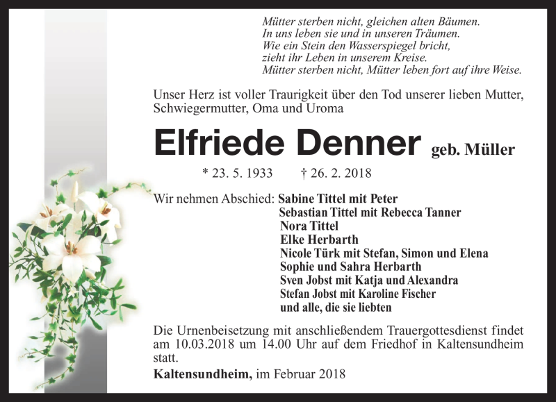  Traueranzeige für Elfriede Denner vom 06.03.2018 aus Südthüringer Presse