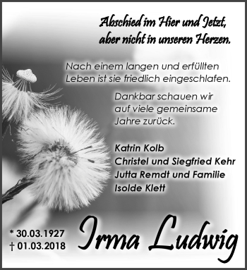 Traueranzeige von Irma Ludwig von Südthüringer Presse