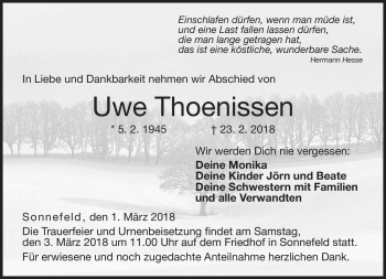 Traueranzeige von Uwe Thoenissen von Neue Presse Coburg