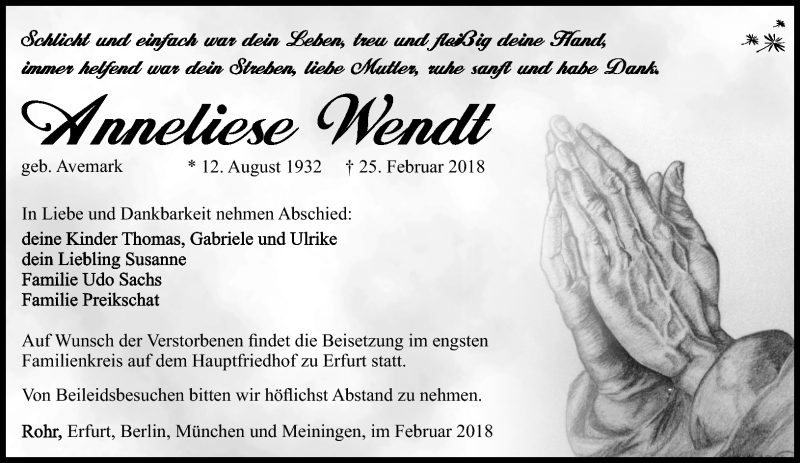  Traueranzeige für Anneliese Wendt vom 03.03.2018 aus Südthüringer Presse