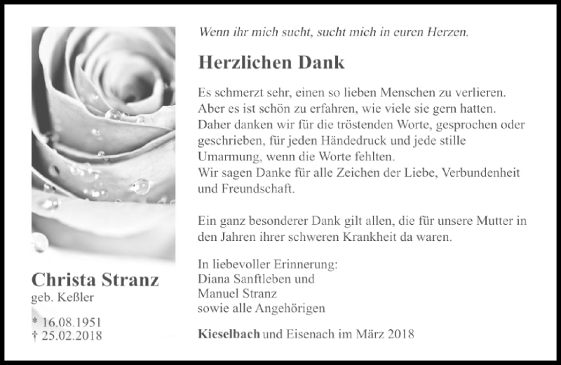  Traueranzeige für Christa Stranz vom 24.03.2018 aus Südthüringer Presse