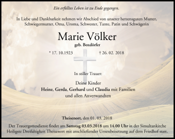 Traueranzeige von Marie Völker von Neue Presse Coburg