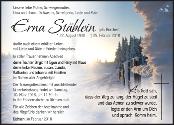 Traueranzeige von Erna Stäblein von Südthüringer Presse