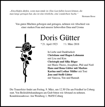 Traueranzeige von Doris Gütter von Neue Presse Coburg