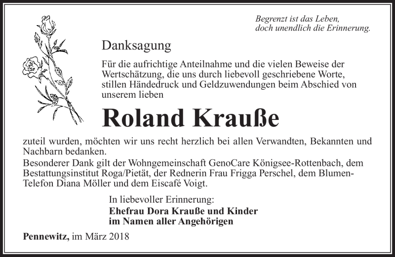  Traueranzeige für Roland Krauße vom 16.03.2018 aus Südthüringer Presse