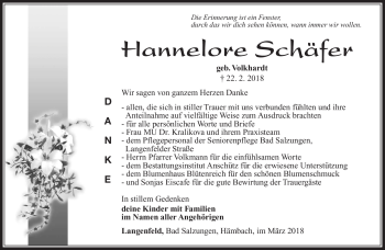 Traueranzeige von Hannelore Schäfer von Südthüringer Presse