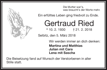 Traueranzeige von Getraud Ried von Frankenpost