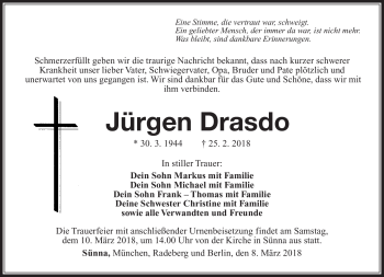 Traueranzeige von Jürgen Drasdo von Südthüringer Presse