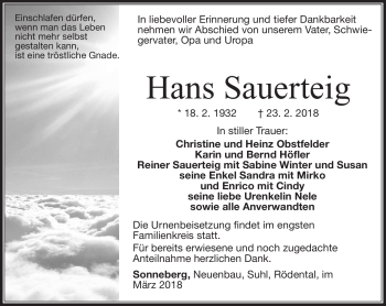 Traueranzeige von Hans Sauerteig von Südthüringer Presse