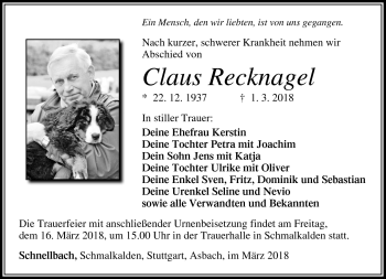Traueranzeige von Claus Recknagel von Südthüringer Presse