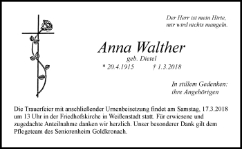 Traueranzeige von Anna Walther von Frankenpost