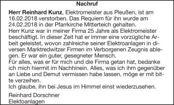 Traueranzeige von Reinhard Kunz von Frankenpost