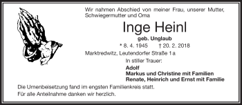 Traueranzeige von Inge Heinl von Frankenpost