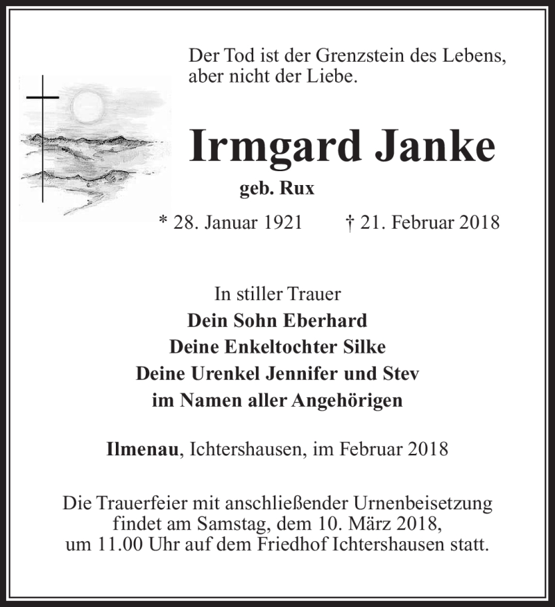  Traueranzeige für Irmgard Janke vom 03.03.2018 aus Südthüringer Presse