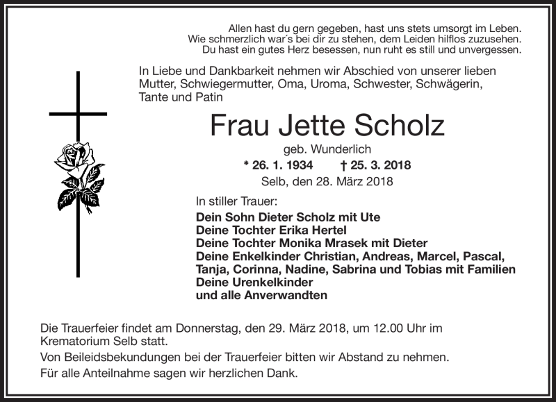  Traueranzeige für Jette Scholz vom 28.03.2018 aus Frankenpost