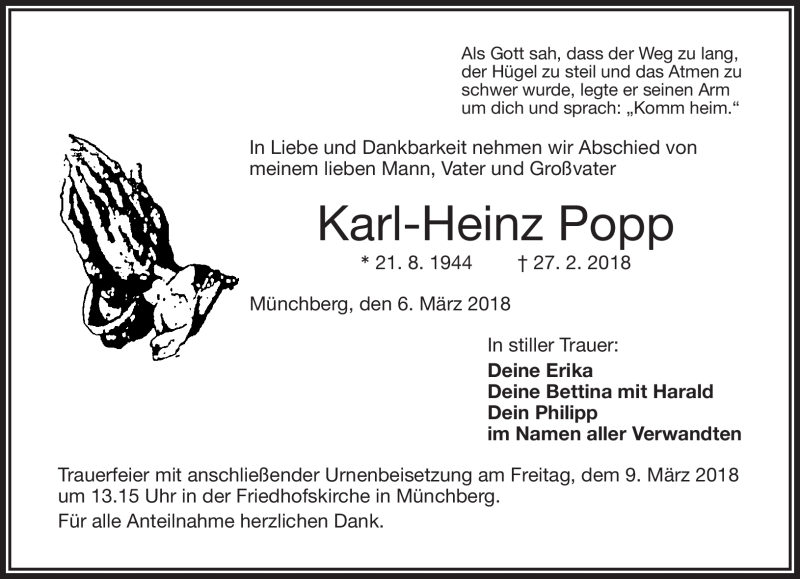  Traueranzeige für Karl-Heinz Popp vom 06.03.2018 aus Frankenpost