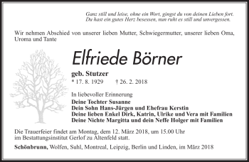 Traueranzeige von Elfriede Börner von Südthüringer Presse
