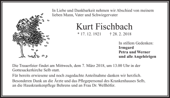 Traueranzeige von Kurt Fischbach von Frankenpost