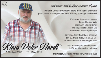 Traueranzeige von Klaus Peter Hardt von Südthüringer Presse