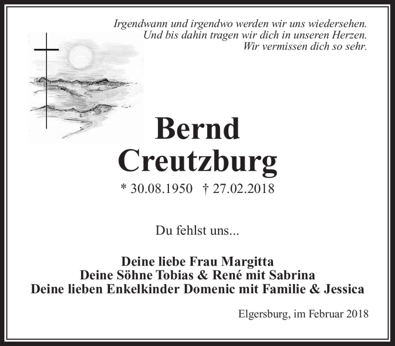  Traueranzeige für Bernd Creutzburg vom 06.03.2018 aus Südthüringer Presse