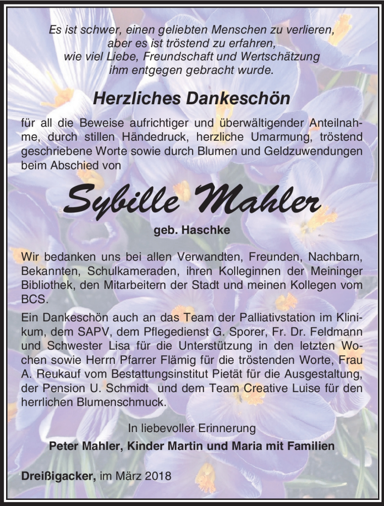  Traueranzeige für Sybille Mahler vom 17.03.2018 aus Südthüringer Presse