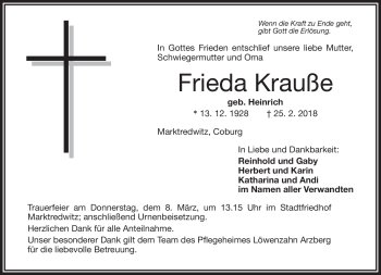 Traueranzeige von Frieda Krauße von Frankenpost