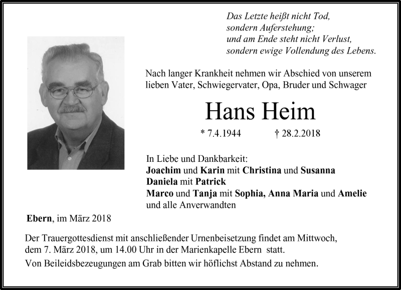  Traueranzeige für Hans Heim vom 03.03.2018 aus Neue Presse Coburg