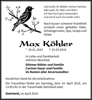 Traueranzeige von Max Köhler von Südthüringer Presse
