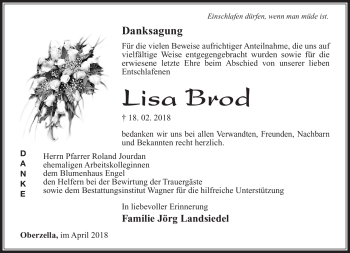 Traueranzeige von Lisa Brod von Südthüringer Presse