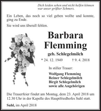 Traueranzeige von Barbara Flemming von Südthüringer Presse