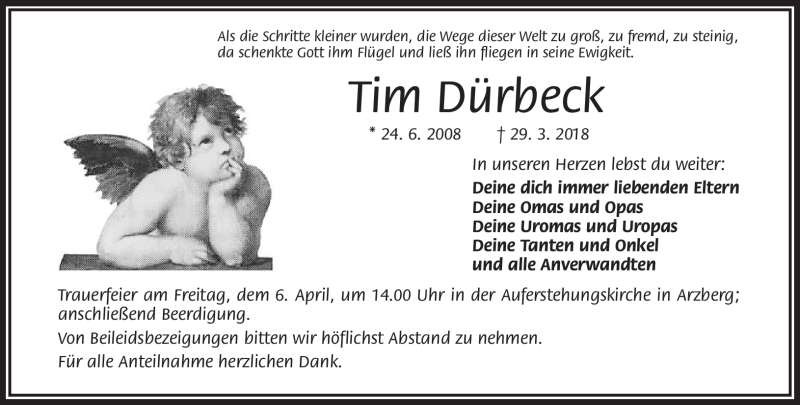  Traueranzeige für Tim Dürbeck vom 04.04.2018 aus Frankenpost
