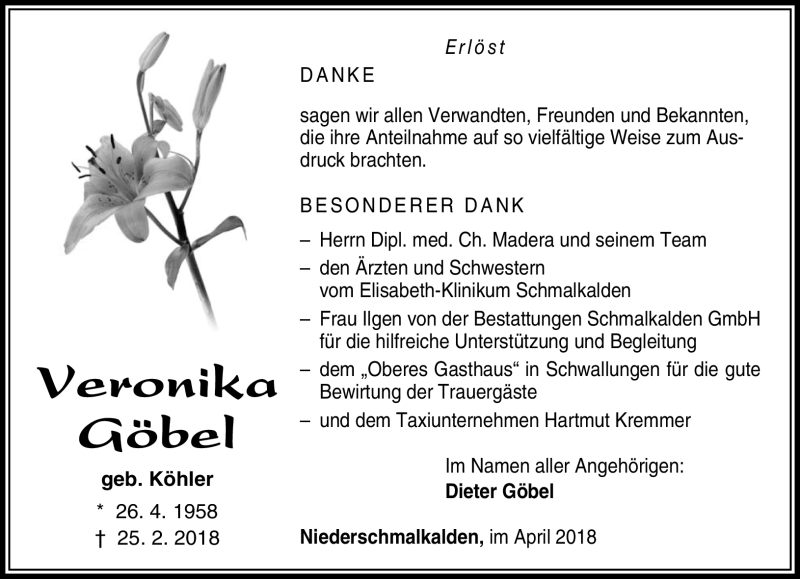  Traueranzeige für Veronika Göbel vom 14.04.2018 aus Südthüringer Presse