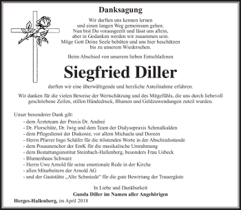 Traueranzeige von Siegfried Diller von Südthüringer Presse