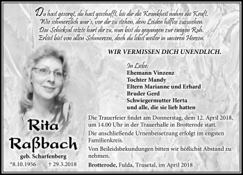 Traueranzeige von Rita Raßbach von Südthüringer Presse