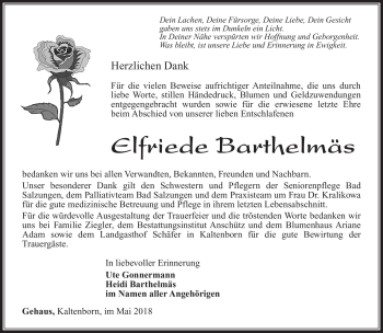Traueranzeige von Elfriede Barthelmäs von Südthüringer Presse