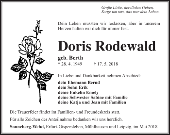Traueranzeige von Doris Rodewald von Südthüringer Presse