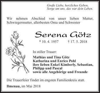 Traueranzeige von Serena Götz von Südthüringer Presse