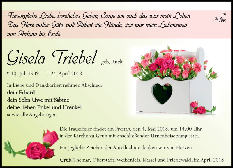  Traueranzeige für Gisela Triebel vom 28.04.2018 aus Südthüringer Presse
