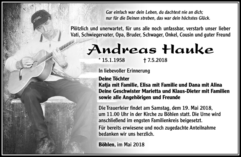  Traueranzeige für Andreas Hauke vom 16.05.2018 aus Südthüringer Presse