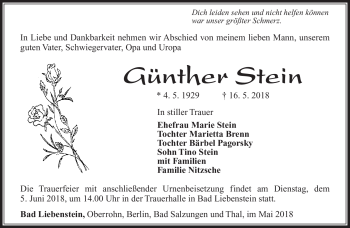 Traueranzeige von Günther Stein von Südthüringer Presse