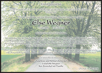 Traueranzeige von Else Wegner von Südthüringer Presse