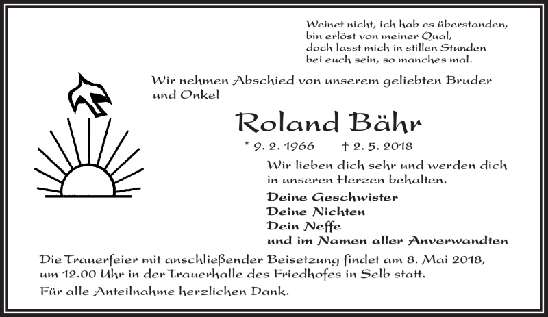  Traueranzeige für Roland Bähr vom 05.05.2018 aus Frankenpost