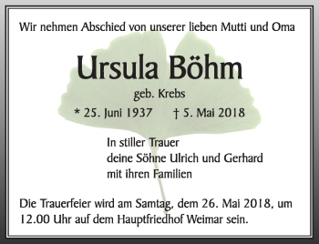 Traueranzeige von Ursula Böhm von Südthüringer Presse