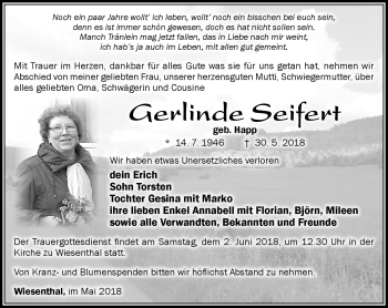 Traueranzeige von Gerlinde Seifert von Südthüringer Presse