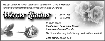 Traueranzeige von Werner Lindner von Südthüringer Presse